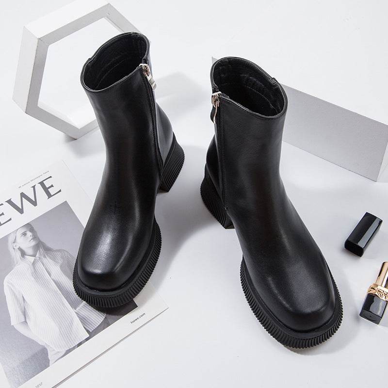 Round Toe Mid Boots Chimney Booties - Mubimart