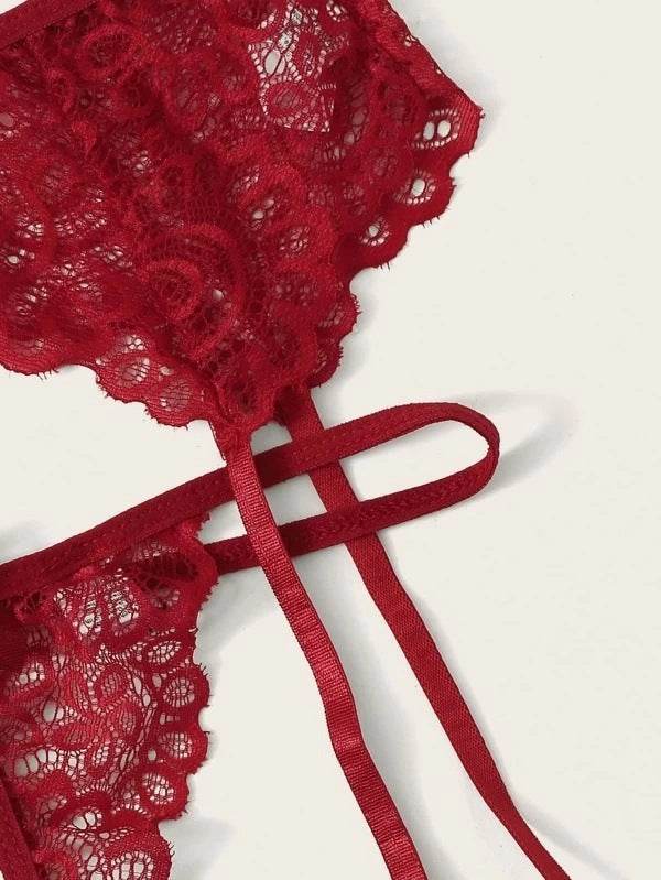 Lace Butterfly Bra Panty Garter Belt Bikini Three-piece Set - Mubimart