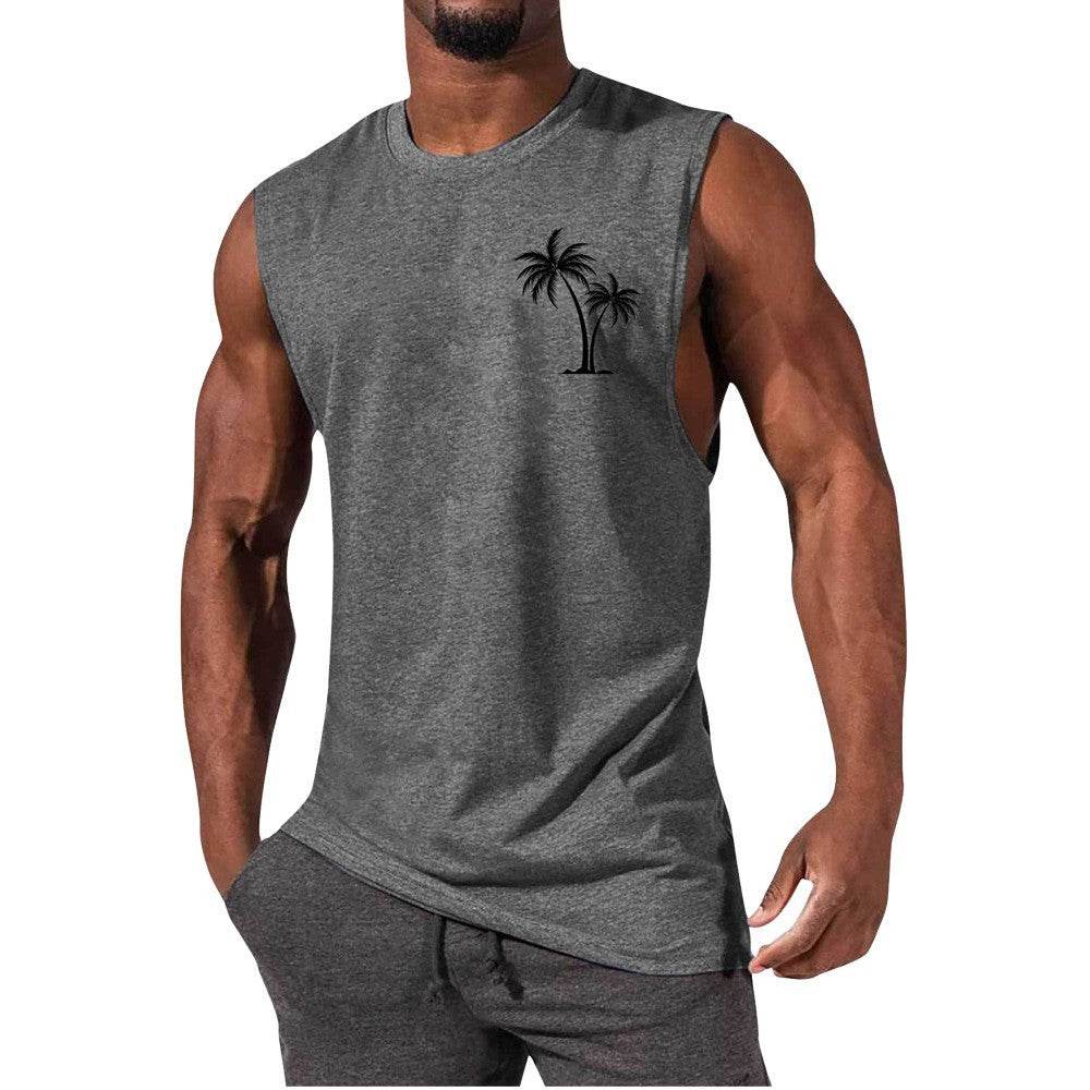 Coconut Tree Embroidery Vest Summer Beach Tank Tops Workout Muscle Men Sports Fitness T-shirt - Mubimart