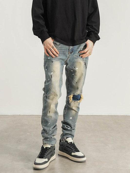 Slim-fit Slim-fit Jeans With Splashed Ink And Ripped Patches - Mubimart