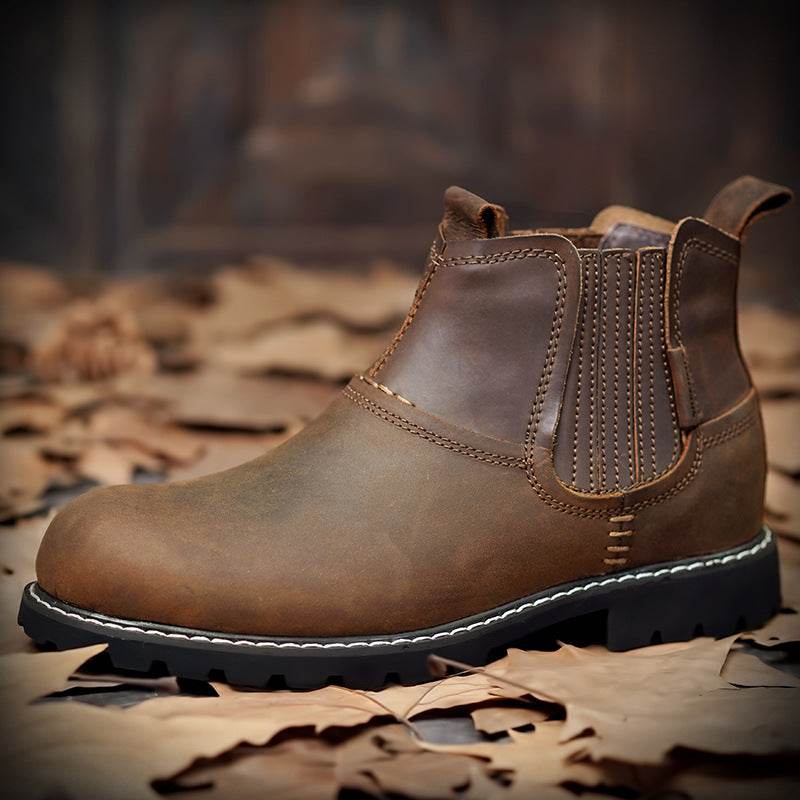 Men Leather Ankle Boots Round Toe Hiking Shoes - Mubimart