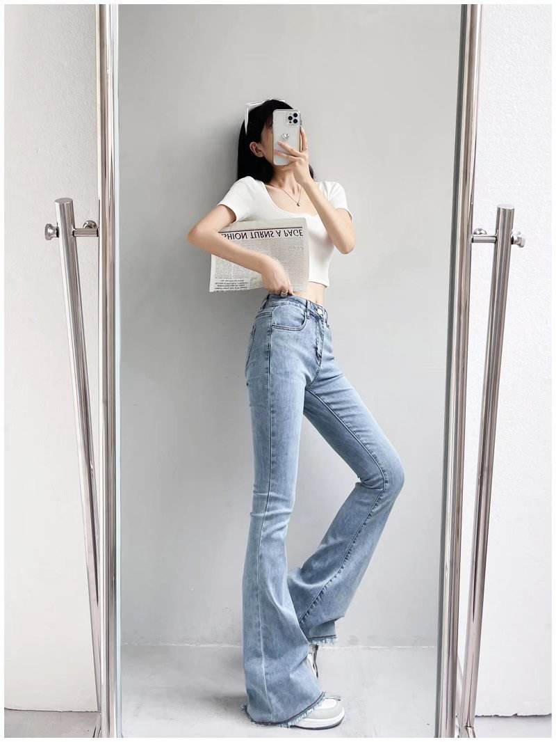 Autumn And Winter Fashion Small High Waist Raw Hem Jeans Retro Distressed Small Man Stretchy Wide-leg Slim Flare Pants - Mubimart