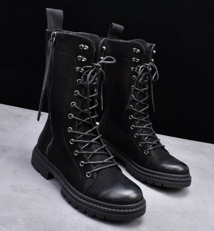 Martin Boots Round Toe Middle Tube Leather Boots Men's Cowboy Boot - Mubimart