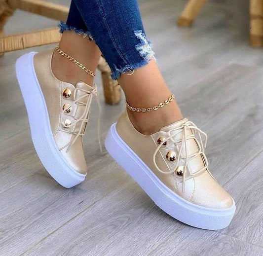 Lace-up Flats Sneakers Women Rivet Casual Shoes - Mubimart