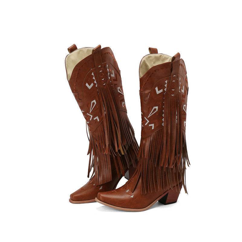 High Heel Tassel Decoration Below The Knee Western Cowboy Boot - Mubimart