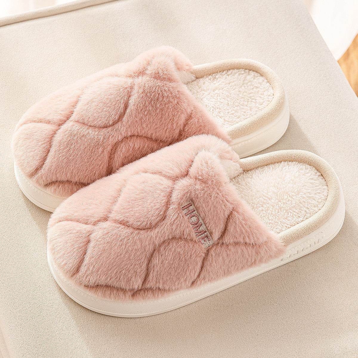 Plush Slippers Winter For Women Indoor Floor Bedroom Home Slipper Warm Solid House Shoes Men Couple - Mubimart