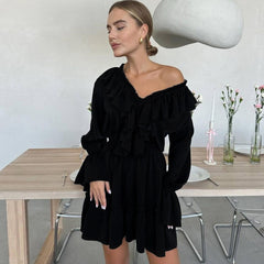 Fashion V Neck Pleated Ruffle Long Sleeve Dress Y2K V Neck Flared Sleeve Short Dress Women's Clothing - Mubimart -  