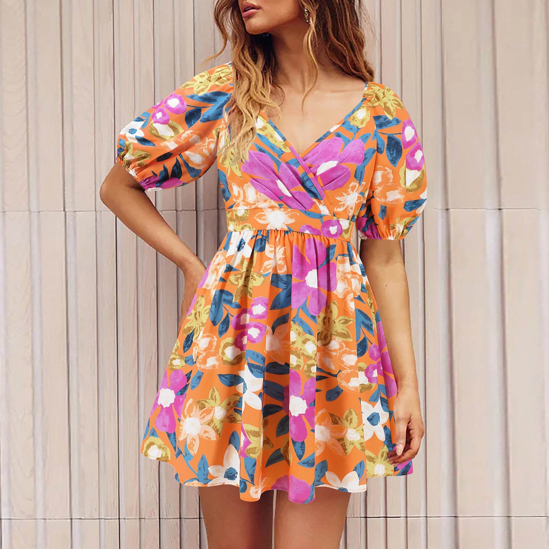 Flowers Print V-Neck Lantern-sleeve Dress Y2K Summer Vacation Beach Short Dresses Fashion Womens Clothing - Mubimart