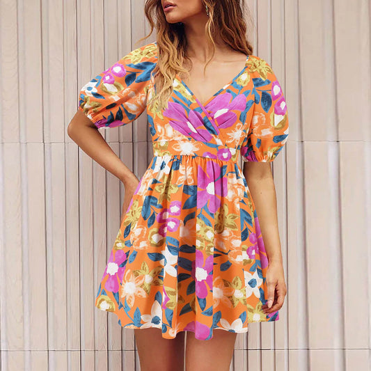 Flowers Print V-Neck Lantern-sleeve Dress Y2K Summer Vacation Beach Short Dresses Fashion Womens Clothing - Mubimart