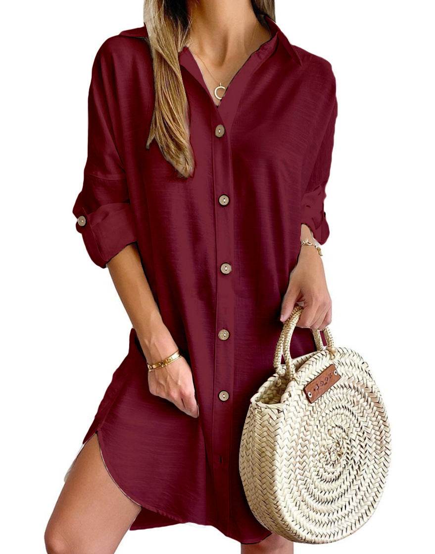 Autumn Leisure Long Sleeve Lapel Button Shirt Dress Womens Clothing - Mubimart