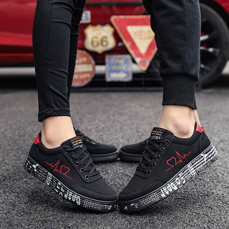 Love Print Canvas Shoes Women Men Flats Lace-up Casual Shoes Lover Sports Shoes Valentines Day - Mubimart