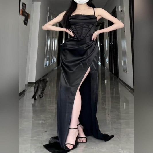 Long Formal Plus Size Black Slit Sling Dress - Mubimart