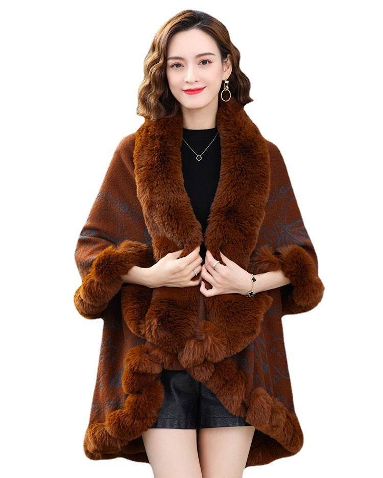 Imitation Rex Rabbit Fur Collar Shawl Cape Women's Plus Size - Mubimart