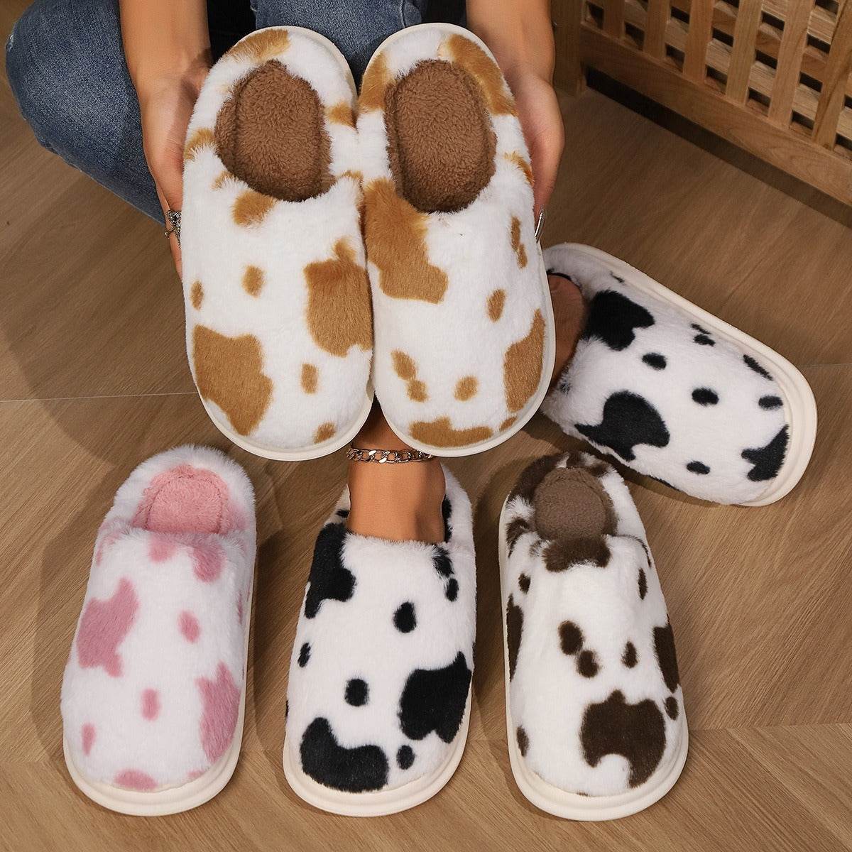 Cute Cow Spotted Plush Slippers Winter Warm Non-slip Bedroom Floor Fuzzy Slipper Couple Women House Shoes - Mubimart
