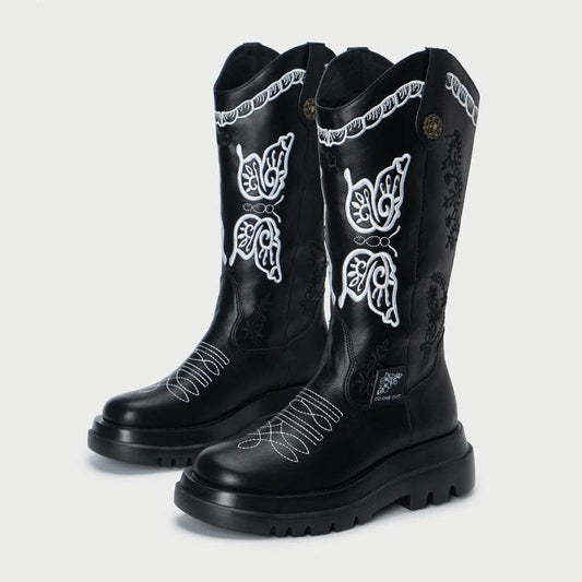 All-match Butterfly Embroidery Cowboy Boot - Mubimart