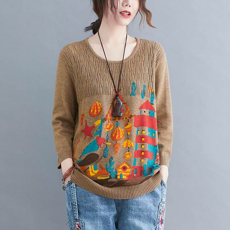 Literary Plus Size Knitted Loose Pullover Top - Mubimart