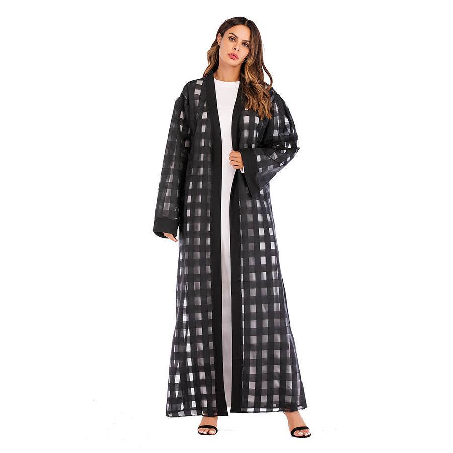 Muslim Plaid Loose Sleeved Lace Up Robe For Women - Mubimart