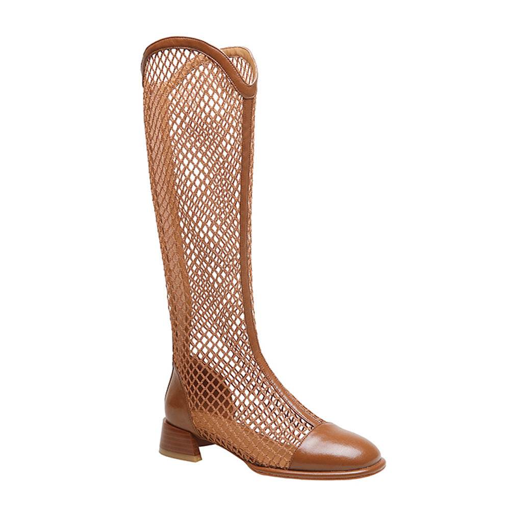 Women's Chunky Heel Square Toe Mesh Tall Boots Back Zip - Mubimart
