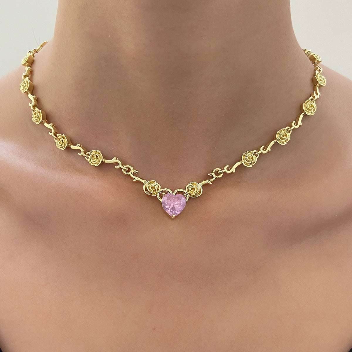 Rhinestone Love Rose Chain Necklace For Women - Mubimart