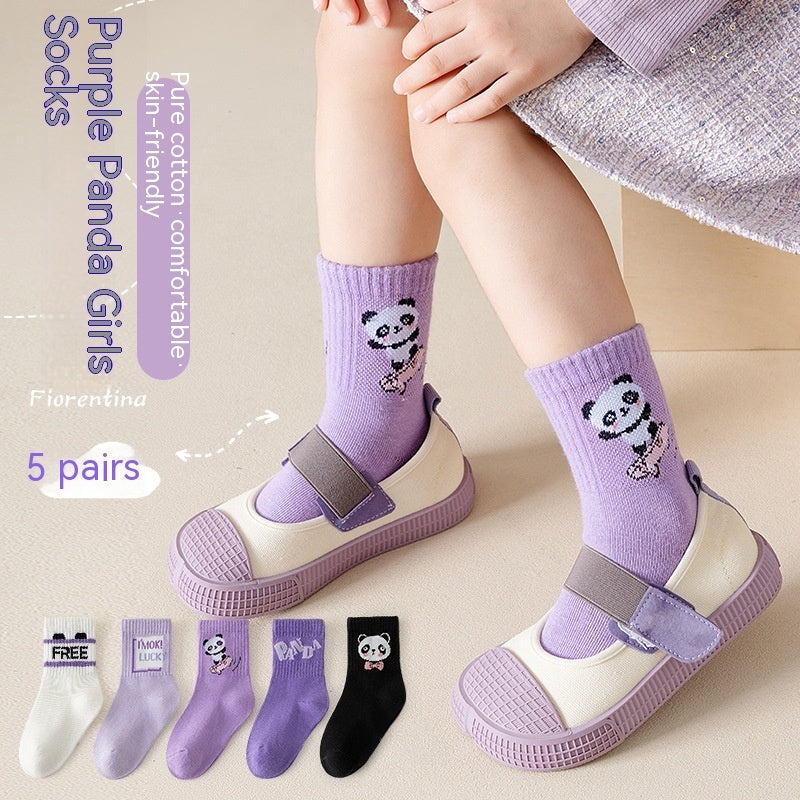 Autumn And Winter Purple Panda Cartoon Mid Tube Cotton Boys And Girls Athletic Socks - Mubimart -  