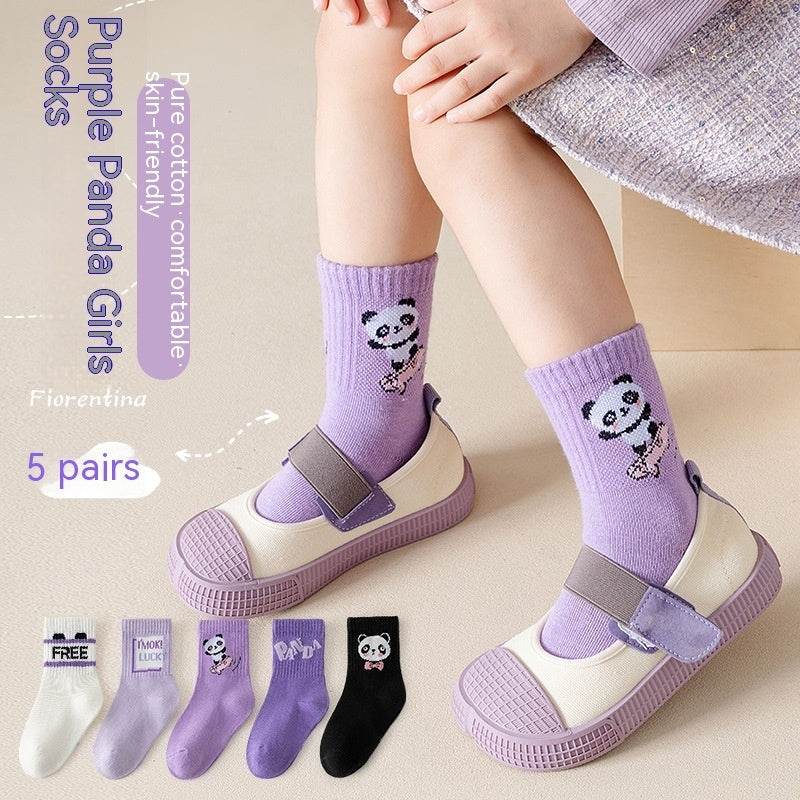 Autumn And Winter Purple Panda Cartoon Mid Tube Cotton Boys And Girls Athletic Socks - Mubimart