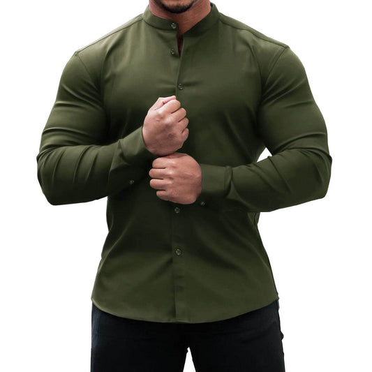 Long Sleeve Shirt Men Casual Button Down Slim Tops Solid Color Casual Mens Clothing - Mubimart