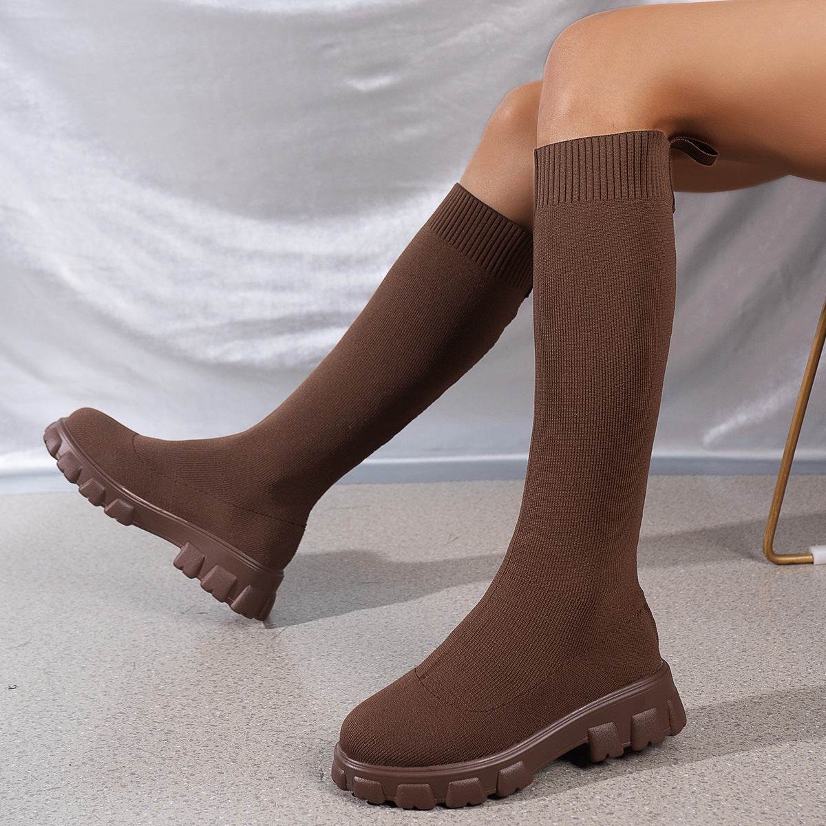 Women's Flyweaving Breathable Thick-soled Tall Skinny Boots - Mubimart