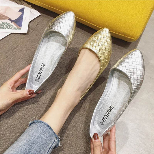 Women's Woven Golden Silver Flat Pointed Toe Shoes - Mubimart