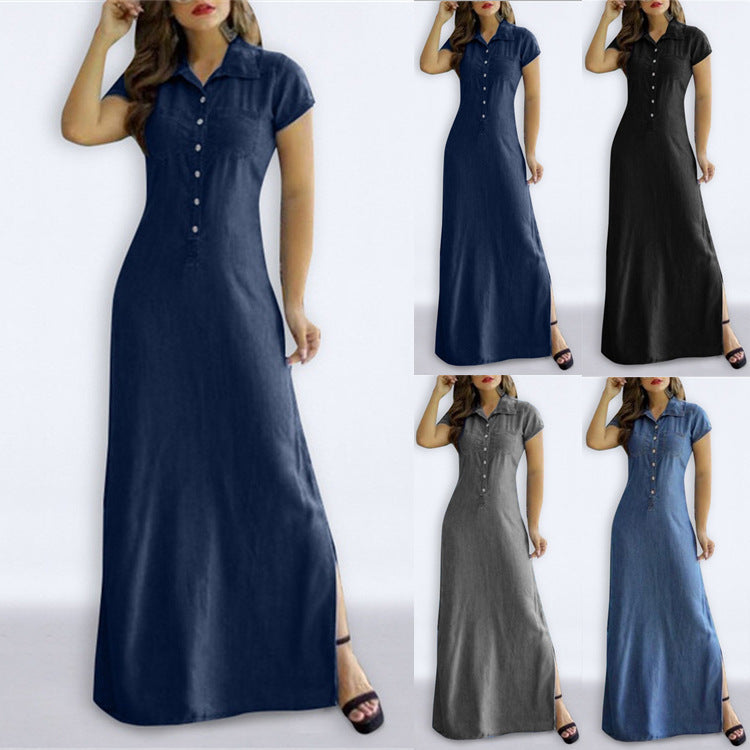 Shirt Collar Slit Pocket Large Swing Skirt Plus Size Denim Dress - Mubimart - Denim Dress 