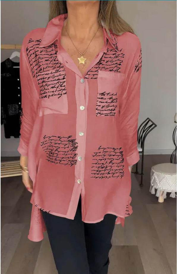 Letter Print Long Sleeve Shirt Fashion Commuter Style Lapel Shirt Women's Clothing - Mubimart