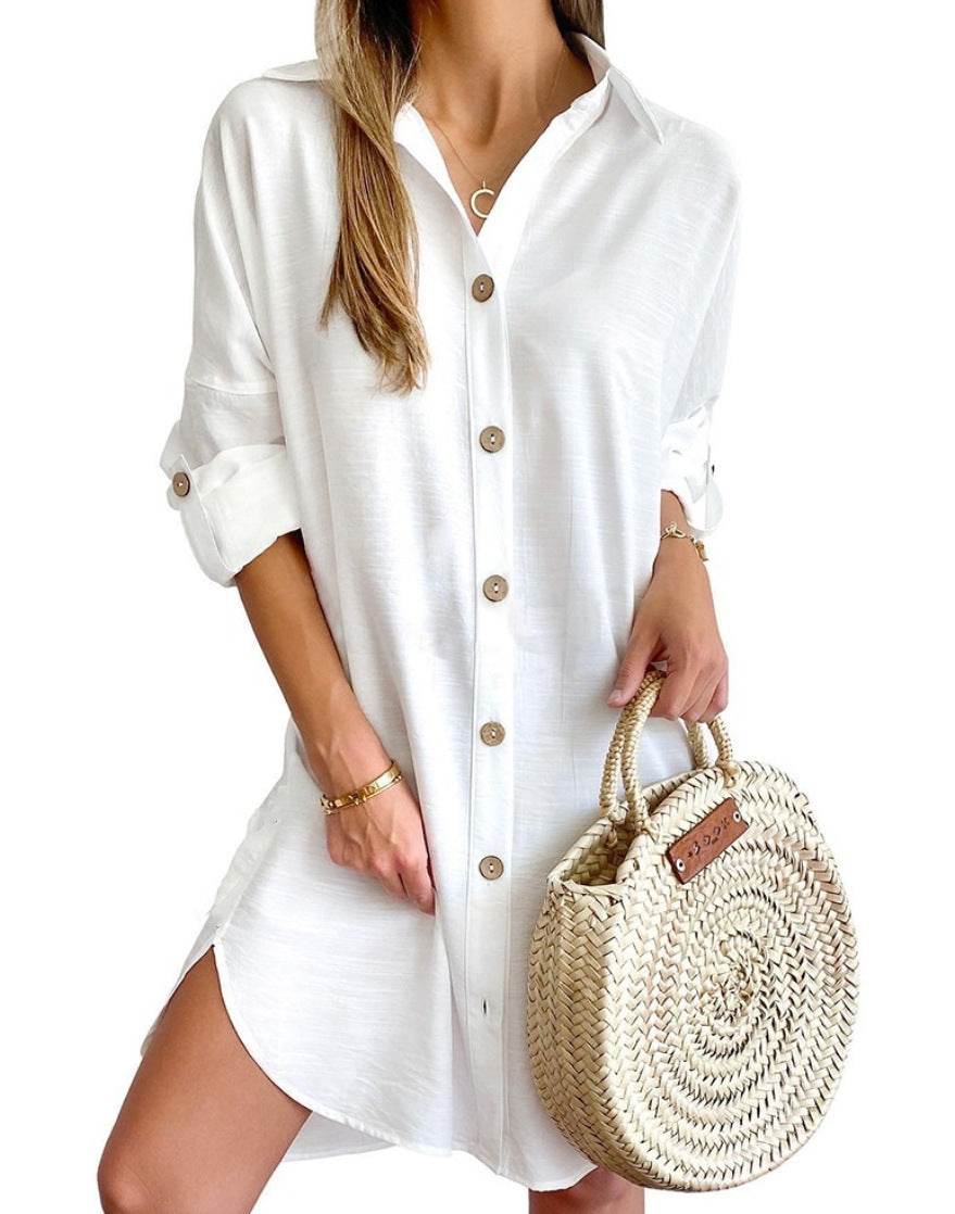 Autumn Leisure Long Sleeve Lapel Button Shirt Dress Womens Clothing - Mubimart