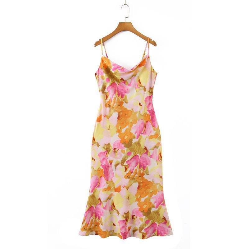 Printed Tulip Slant Collar Slip Dress - Mubimart