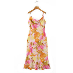 Printed Tulip Slant Collar Slip Dress - Mubimart -  