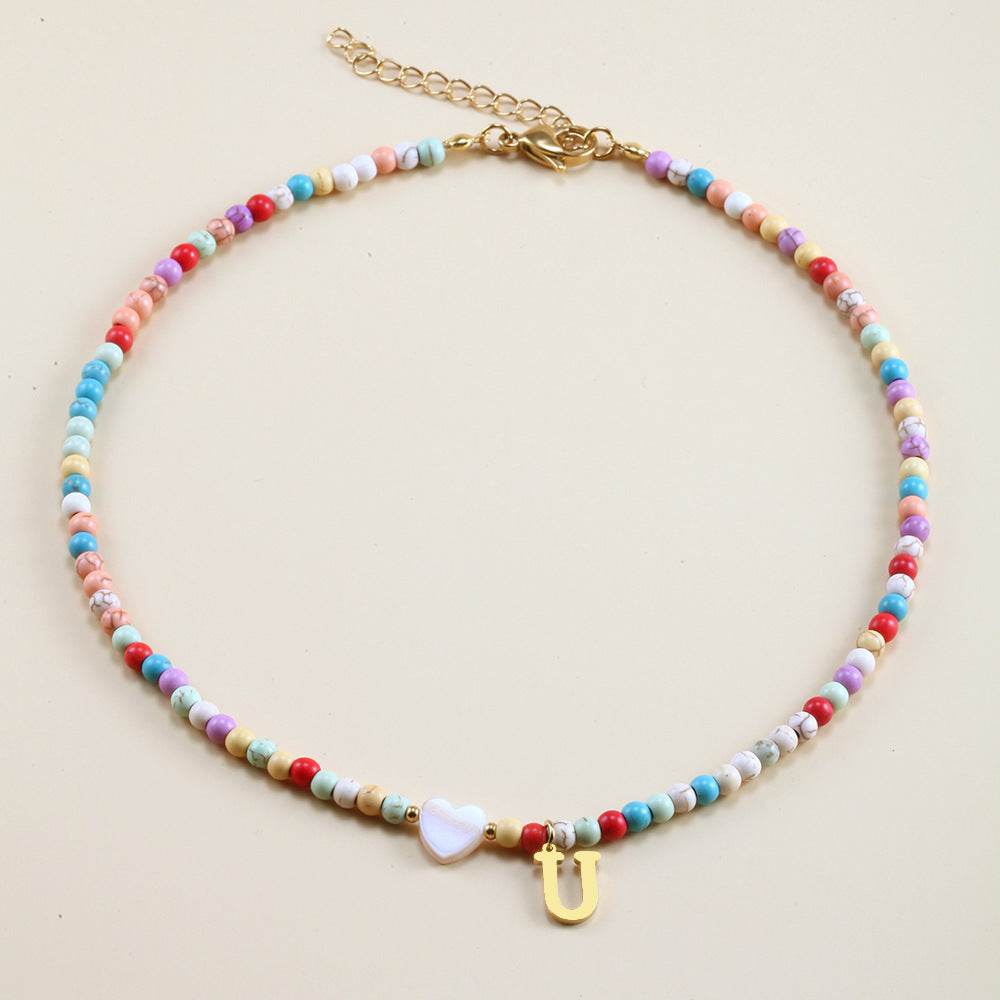 Colorful Beads Initial Choker For Women Stainless Steel Lett - Mubimart