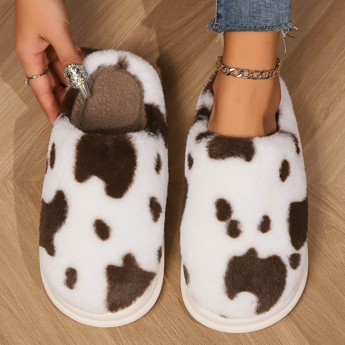 Cute Cow Spotted Plush Slippers Winter Warm Non-slip Bedroom Floor Fuzzy Slipper Couple Women House Shoes - Mubimart