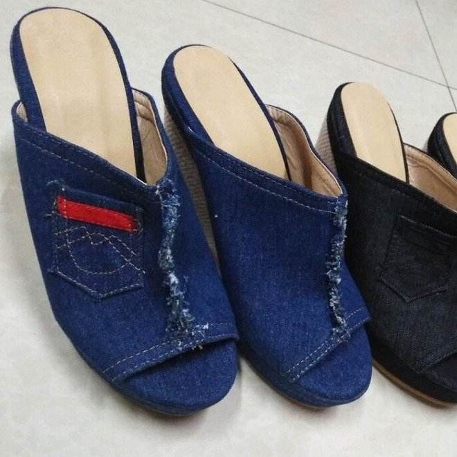 Denim high heels wedge sandals - Mubimart