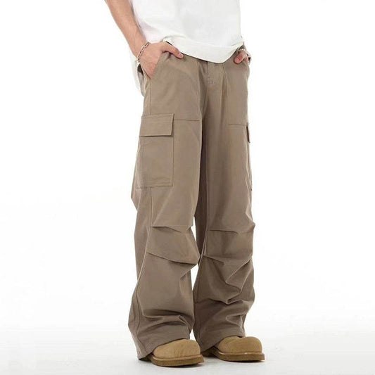Khaki Pleated Loose Straight Casual Trousers - Mubimart
