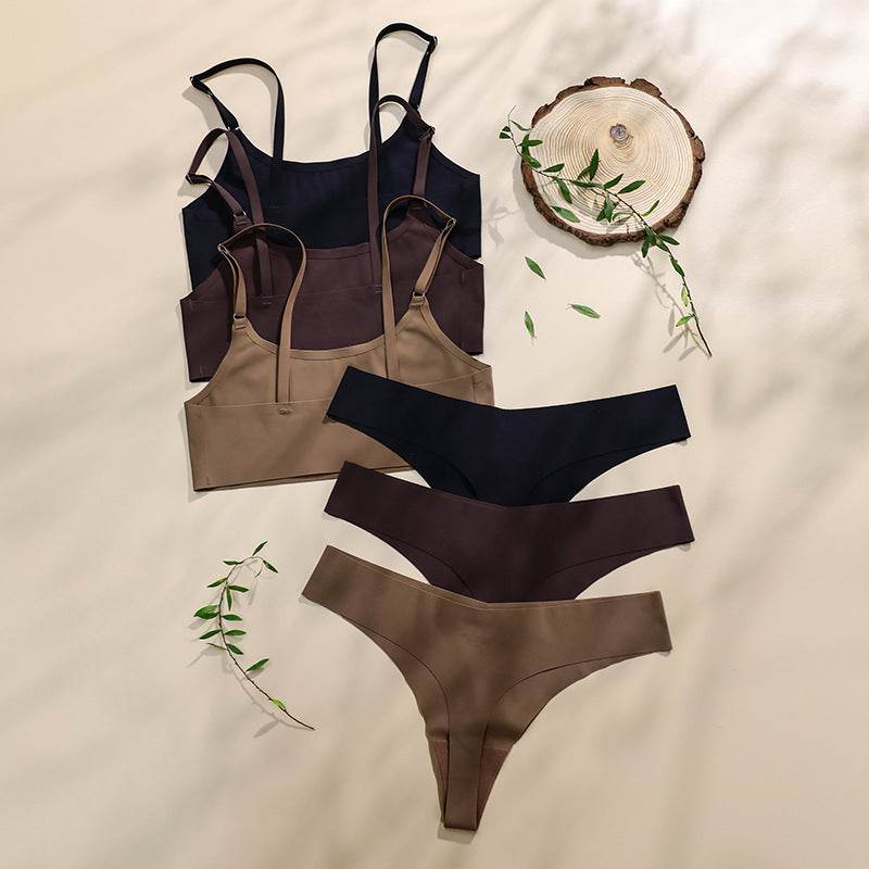 Women Seamless Bra Set Sexy Thong Low Waist Panties Wire Free Bra Bralette Lingerie Brassiere Ice Silk Female Underwear Set - Mubimart