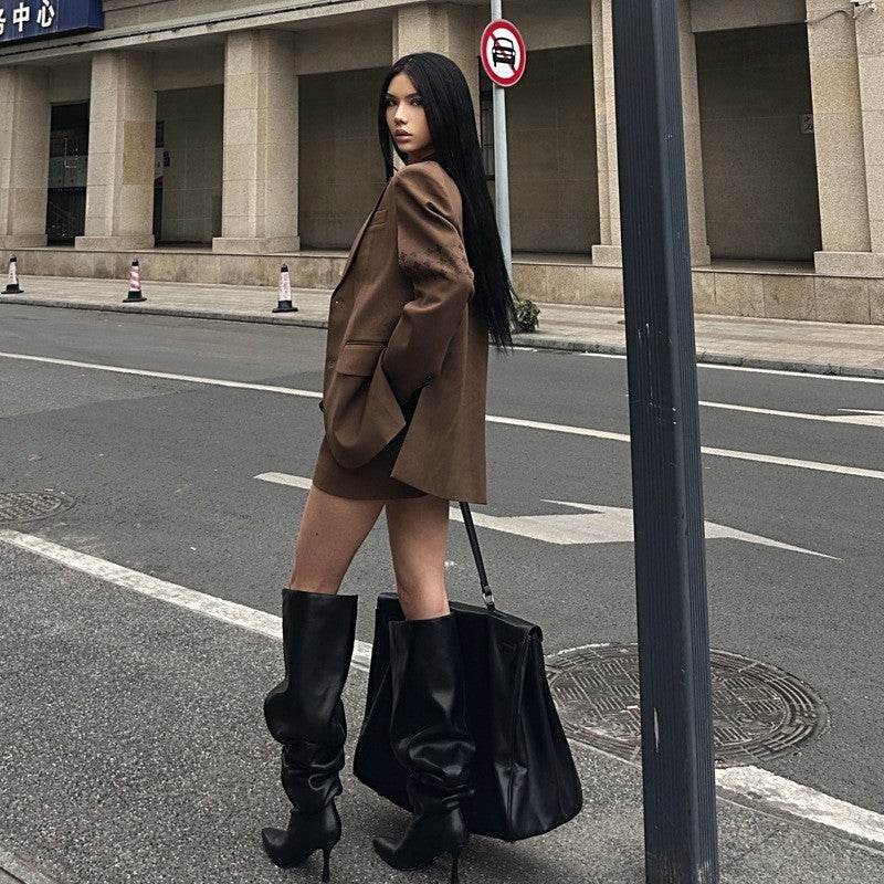 Women's Zipper Pleated Over The Knee Boots - Mubimart