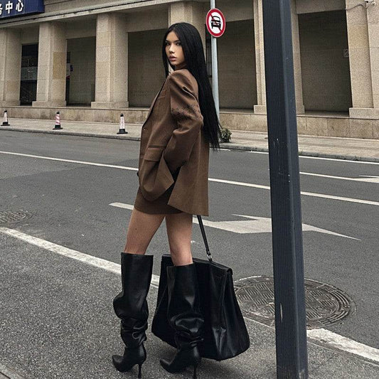 Women's Zipper Pleated Over The Knee Boots - Mubimart