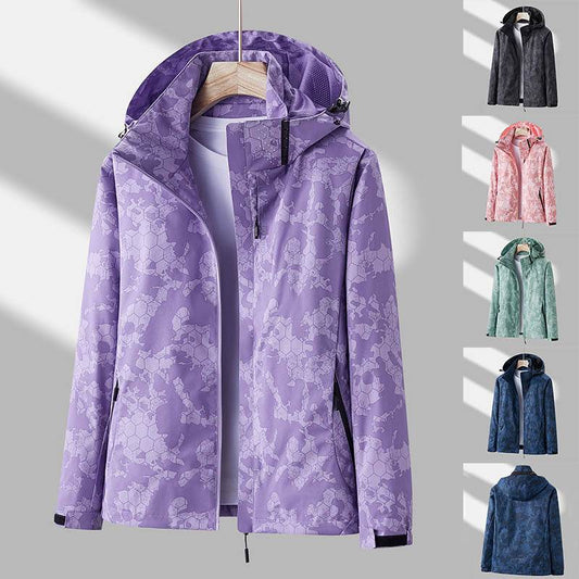 Printed Hooded Windbreaker Unisex Fashion Solid Color Zip-up Jacket Waterproof Windproof Outwear For Women Men Clothing - Mubimart