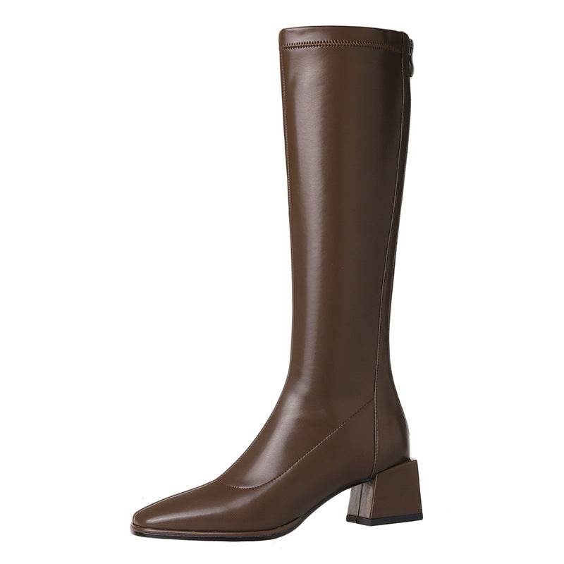 Women's Long Boots With Thick Heels And Square Head Show Thin Tall Thick Legs Elastic Large Circumference - Mubimart