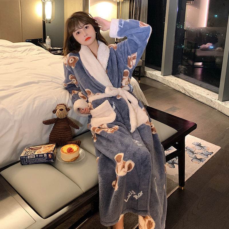 Winter Nightgown Women Coral Fleece Plus Velvet Thick Bathrobe Cute - Mubimart