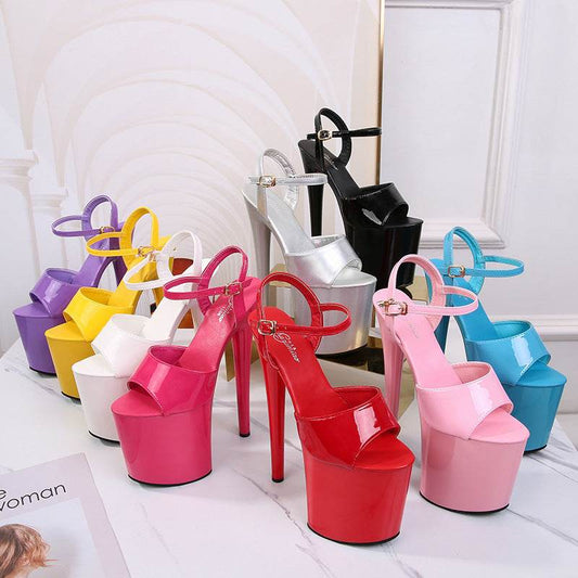 Patent Leather 20cm Extra High Heels Stiletto Peep-toe Platform Platform Super High Sandals - Mubimart
