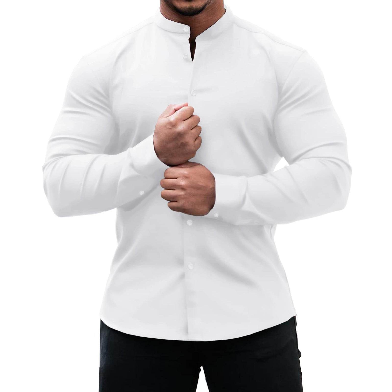 Long Sleeve Shirt Men Casual Button Down Slim Tops Solid Color Casual Mens Clothing - Mubimart