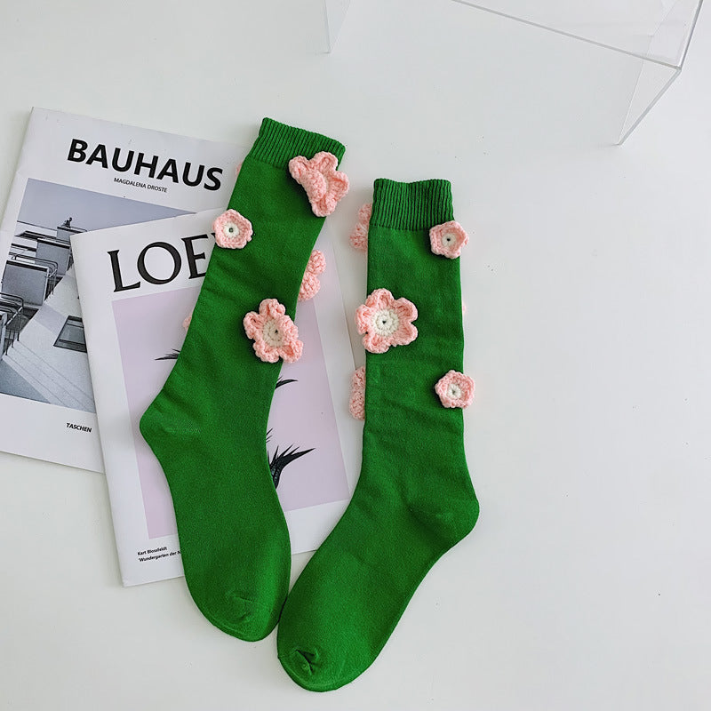 Handmade Flowers Calf Socks Women's Cotton Long Tube Internet Celebrity INS Tide High Tube JK Knee-length Calf Socks - Mubimart -  