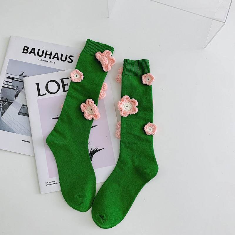 Handmade Flowers Calf Socks Women's Cotton Long Tube Internet Celebrity INS Tide High Tube JK Knee-length Calf Socks - Mubimart