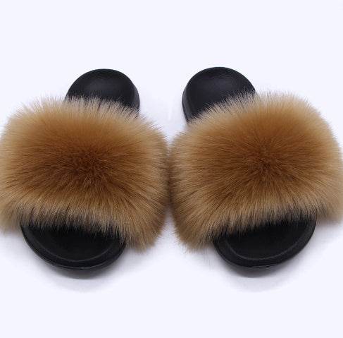 Faux Fox Fur Slippers Women Non Slip Plush Slippers - Mubimart