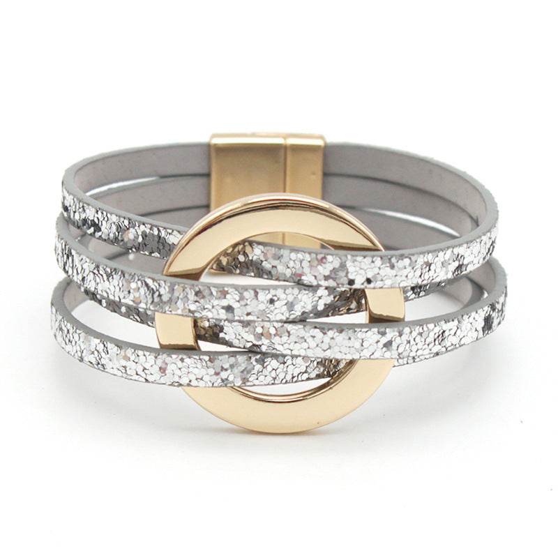 Cross Leather Women Bracelet Metal Big Ring Cuff Bangle Multi-layer Wristband Magnetic Snap Bangle - Mubimart
