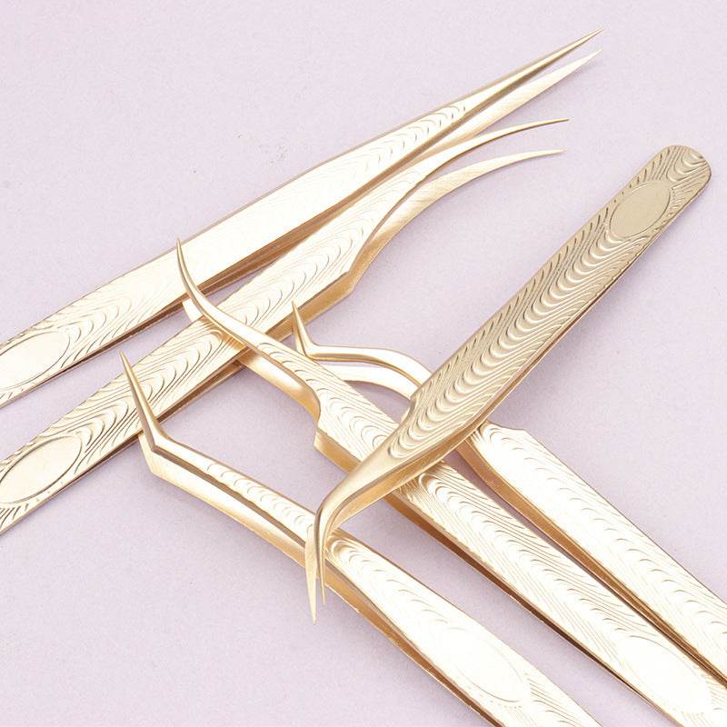 Stainless Steel Eyelash Flowering Tweezers Golden Grafting Eyelash Tweezers - Mubimart
